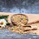 Eine Holzschüssel mit bunten Samen und Körnern, die auf Jute ausläuft, mit einer Schaufel in der Nähe und dem Logo "LYRA NATURE POWER" darüber.