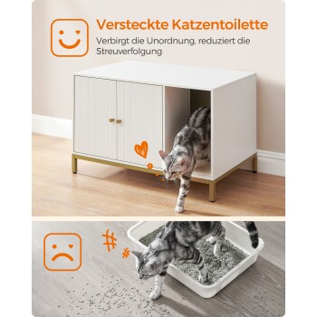 Eine graue getigerte Katze, die aus einem stilvollen versteckten Katzenklo-Schrank herauskommt, mit dem Text "Versteckte Katzentoilette" und den Vorteilen der Reduzierung von Unordnung.