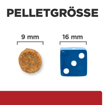 Vergleich der Pelletgröße von Tierfutter 9 mm neben einem 16 mm blauen Würfel zum Größenvergleich, beschriftet mit "PELLETGRÖSSE".