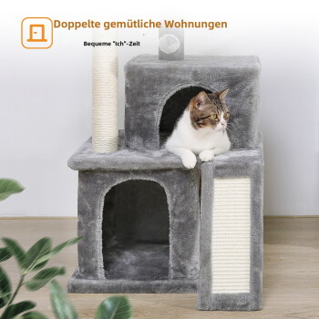 Katze liegt auf einem gut gepolsterten oberen Sitzplatz (40x30cm) eines grauen Katzenbaums, abnehmbares Kissen für einfache Reinigung gezeigt.