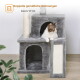 Katze liegt auf einem gut gepolsterten oberen Sitzplatz (40x30cm) eines grauen Katzenbaums, abnehmbares Kissen für einfache Reinigung gezeigt.