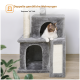 Katze liegt auf einem gut gepolsterten oberen Sitzplatz (40x30cm) eines grauen Katzenbaums, abnehmbares Kissen für einfache Reinigung gezeigt.