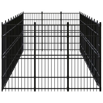 Schwarzes Metall-Haustierspielgehege mit vertikalen Stäben, mit offenem Oberteil und geräumigem Design für Haustiere.