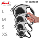 Image of three Flexi dog leashes in different sizes (L, M, S, XS) with a hand holding the largest one, labeled "NEW COMFORT."