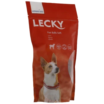 Roter LECKY „Fun Balls Soft“ Beutel mit Lamm‑Hundesnacks, mit Hunde‑Foto, Schweizer‑Logo und Symbolen „64% Fleisch“ und „glutenfrei“.