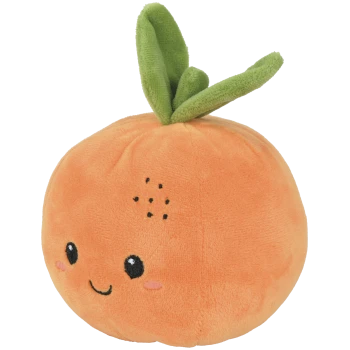 Rundes orangefarbenes Plüschspielzeug für Haustiere, das einer lächelnden Mandarine ähnelt, mit grünen Stoffblättern und gesticktem Gesicht.