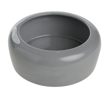 Graue keramische Futterschüssel für Haustiere mit glatter, glänzender Oberfläche und abgerundeten Kanten, entworfen für Futter oder Wasser.