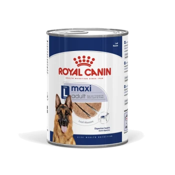 Dosen-Hundefutter von Royal Canin, beschriftet mit "maxi adult", geeignet für Hunde über 15 Monate, mit einem Bild eines Deutschen Schäfers.