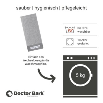 Graue Haustierdecke von Doctor Bark, maschinenwaschbar bis 95°C, trocknergeeignet, mit Anweisungen zur einfachen Reinigung.