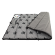 Graue Haustiermatte mit einem gesteppten Design, das schwarze Diamantmuster und eine gefaltete Kante zeigt, mit einem Etikett mit Informationen zur Haustierpflege.