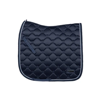 Navyblaues, gestepptes Sattelpad mit einem strukturierten Rautenmuster und weißer Paspel, mit einem kleinen schwarzen Etikett.