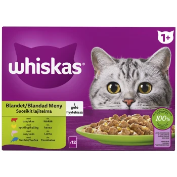 Whiskas Katzenfutterverpackung zeigt das Gesicht einer Katze, eine grüne Futterschüssel und Zutatentext: Rind, Huhn, Lachs und Thunfisch.