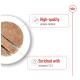 A round plate with a sliced piece of pet food, labeled "High-quality protein content" and "Enriched with vitamins C & E."