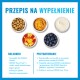 Grafika „PRZEPIS NA WYPEŁNIENIE”: sucha karma, masło orzechowe, jogurt, pokrojone jabłko, jagody oraz tekst ze składnikami i sposobem przygotowania