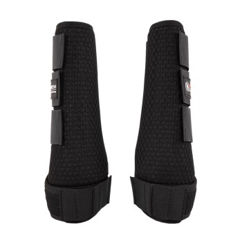 Schwarze Mesh-Pferdeboots mit verstellbaren Riemen, die zum Schutz und zur Unterstützung beim Reiten oder Training entwickelt wurden.