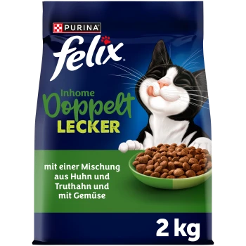 Purina Felix Katzenfutterbeutel mit einer leckenden schwarz-weißen Katze und einer Schale Kroketten; sichtbarer Text "felix", "Doppelt LECKER" und "2 kg"