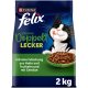 Purina Felix Katzenfutterbeutel mit einer leckenden schwarz-weißen Katze und einer Schale Kroketten; sichtbarer Text "felix", "Doppelt LECKER" und "2 kg"