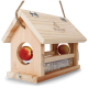 Holz-Vogelfutterspender mit einem geneigten Dach, das zwei Äpfel an den Seiten und ein transparentes Fach mit Samen enthält.