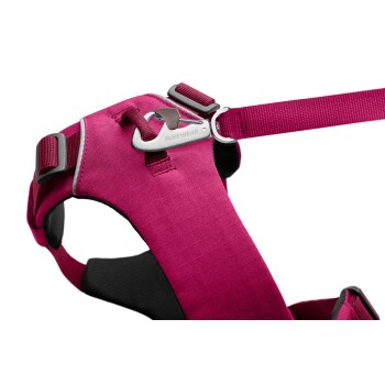 Eine Nahaufnahme eines rosa Hundegeschirrs mit einem Metallclip und verstellbaren Riemen, entworfen für Komfort und Sicherheit.