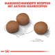 Drei runde, braune Haustierfutterkibbles werden auf einem skizzierten Hintergrund mit dem Text "MASSGESCHNEIDERTE REZEPTUR MIT AKTIVEN NÄHRSTOFFEN" angezeigt.