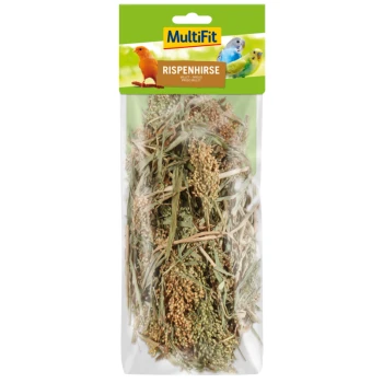 Un emballage en plastique transparent contenant du millet séché, étiqueté "MultiFit Rispenhirse," avec des images d'oiseaux colorés en haut.