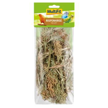 Eine durchsichtige Plastiktüte mit getrocknetem Hirse, beschriftet mit "MultiFit Rispenhirse", mit Bildern von bunten Vögeln oben.
