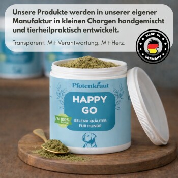 Glas Pfotenkraut „HAPPY GO“ Gelenkkräuter für Hunde mit pflanzlichen Inhaltsstoffen und deutschem Text zu den Vorteilen.