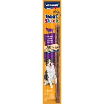Vitakraft Beef Stick für Hunde, mit einem lächelnden Hund, mit Text, der 90% Fleischgehalt, Lammzusatz und "Kein Zucker hinzugefügt" hervorhebt.
