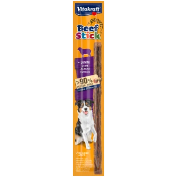 Vitakraft Beef Stick für Hunde, mit einem lächelnden Hund, mit Text, der 90% Fleischgehalt, Lammzusatz und "Kein Zucker hinzugefügt" hervorhebt.