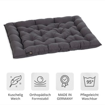 Grau gefüttertes Hundebett mit gepolstertem Design, mit Icons und Text: 'Kuschelig Weich', 'Orthopädisch Formstabil', 'MADE IN GERMANY', 'Pflegeleicht Waschbar.'