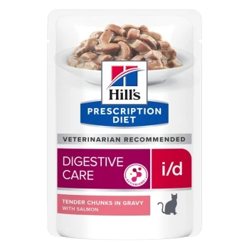Hill's Prescription Diet i/d Verdauungsversorgung Katzenfutterbeutel mit zarten Stückchen in Soße mit Lachs, beschriftet mit "Vom Tierarzt empfohlen."