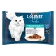 Purina Gourmet Perle kattenvoerverpakking met witte langharige kat, bord met vis, tekst 'Les Plaisirs de la Mer', MSC-logo, 4x85g