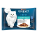 Purina Gourmet Perle kattenvoerverpakking met witte langharige kat, bord met vis, tekst 'Les Plaisirs de la Mer', MSC-logo, 4x85g
