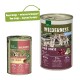 Zwei Dosen Haustierfutter mit der Aufschrift "Wilderness Pure Horse" und einer Ankündigung des neuen Designs. Die größere Dose zeigt 95% Fleisch, 5% Gemüse und 0% Getreide.