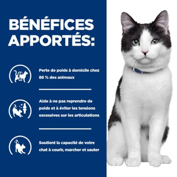 Chat noir et blanc assis à côté d'un panneau bleu portant l'inscription «BÉNÉFICES APPORTÉS :» avec du texte en français sur la perte de poids et le soutien des articulations.