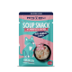 Emballage de nourriture pour animaux présentant un en-cas en soupe pour chats avec du filet de bœuf et des courgettes, étiqueté "Complexe Anti-Hairball," et une suggestion de portion.