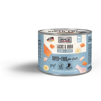 Dosen-Katzenfutter mit der Aufschrift "MAC's Lachs & Huhn", das wichtige Details wie "Super Food für Katzen", getreidefrei und hohen Fleischanteil enthält.
