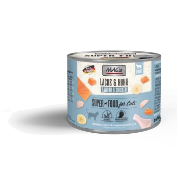 Blikjes kattenvoer gelabeld 'MAC's Lachs & Huhn' (Zalm & Kip), met belangrijke details zoals 'Super Food voor Katten', graanvrij en hoog vleesgehalte.
