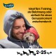 Person in einem grauen Hoodie hält einen kleinen Hund, mit Text über Trainingsbelohnungen und Symbolen für Hundgrößen S, M, L, 2-25 kg Gewichtsklasse.