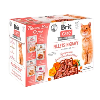 Bunte Box mit Brit Care Filets in Soße für Katzen, mit 12 Tüten: Ente, Lachs, Huhn. Superpremium, getreidefreies Futter.