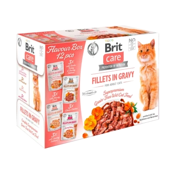 Bunte Box mit Brit Care Filets in Soße für Katzen, mit 12 Tüten: Ente, Lachs, Huhn. Superpremium, getreidefreies Futter.