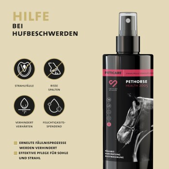 Schwarze Sprühflasche mit der Aufschrift 'PETHORSE HEALTH 2005' von PETICARE, die Hufpflege für Pferde fördert, mit Symbolen, die Vorteile gegen Hufkrankheiten anzeigen.