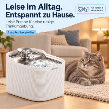 Getigerte Katze neben ASTROPET-Wasserspender im Wohnzimmer; deutscher Text „Bewegung erkennen. Sofort reagieren.“ und „180°/80 cm“