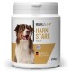 Behälter mit REAVET HARN STARK Pulver für Hunde, mit einem lächelnden Hund auf dem Etikett, mit dem Text "Hergestellt in Deutschland" und 250g.