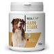 Behälter mit REAVET HARN STARK Pulver für Hunde, mit einem lächelnden Hund auf dem Etikett, mit dem Text "Hergestellt in Deutschland" und 250g.
