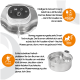 Edelstahl-Tiertrinkbrunnen mit Bedienfeld oben; sichtbare Beschriftungen: 'Long-life USB battery', 'Motion Sensing', 'Cordless'.