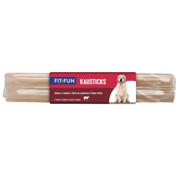 Fit+Fun KAUSTICKS-Pack: zwei braune Kauknochen-Sticks mit Golden-Retriever-Foto und Text 'Kauknochen' und '2 Stück'.