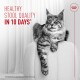 Long-haired gray tabby cat resting on chair back; red text reads "HEALTHY STOOL QUALITY IN 10 DAYS*" and small crown logo.