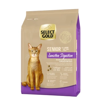 Select Gold Senior Katzenfutterbeutel mit einer braunen getigerten Katze, beschriftet mit "Sensitive Digestion", mit Angaben zu Geflügel- und Reiszutaten.