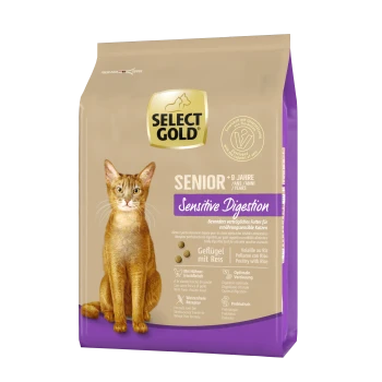 Select Gold Senior Katzenfutterbeutel mit einer braunen getigerten Katze, beschriftet mit "Sensitive Digestion", mit Angaben zu Geflügel- und Reiszutaten.